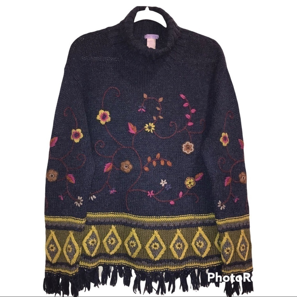 ZSA ZSA Knit Floral Embroidered Fringe Sweater Wool Blend Large